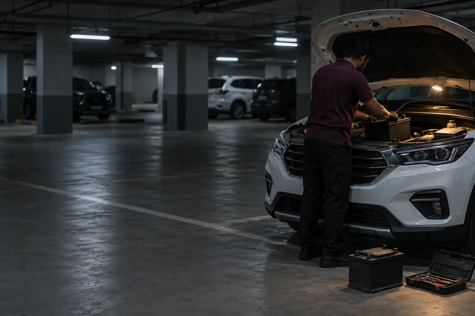 A technician fitting a new car battery in a residential basement car park at night