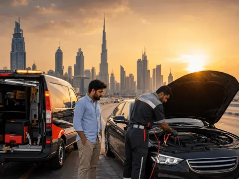 Technician working on a car battery beside a Dubai road at sunset