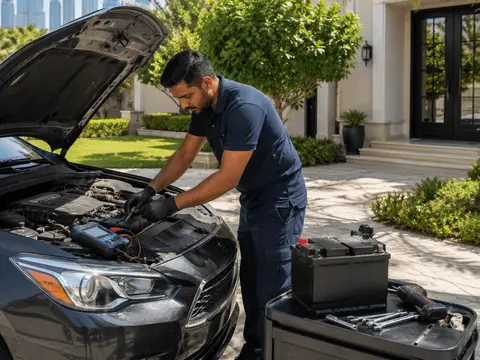 Technician testing a car battery on a villa driveway
